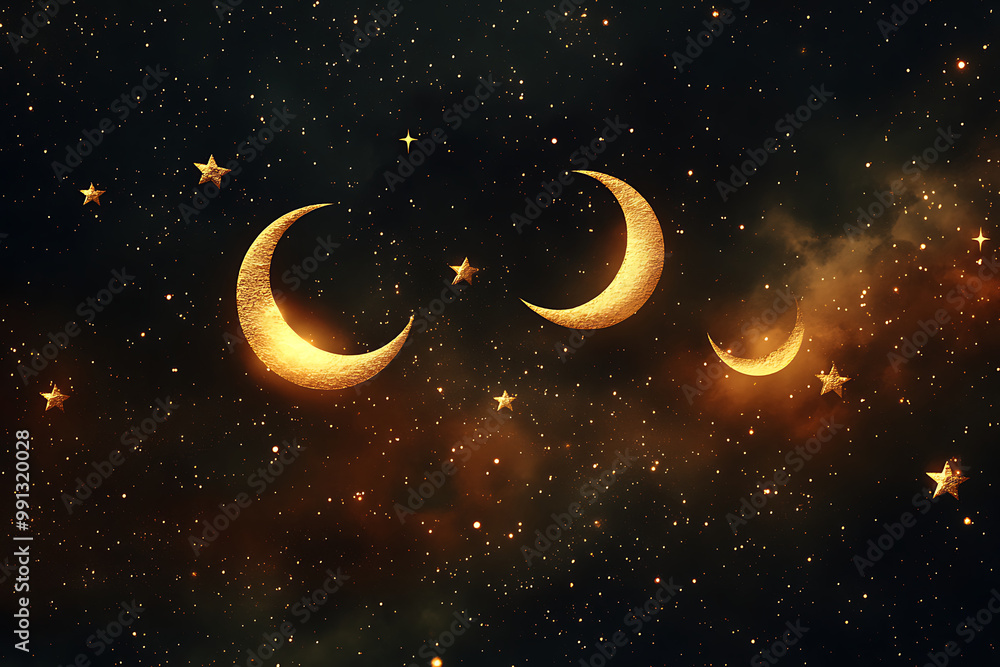 Eid background with crescent moons and stars in gold against a deep blue sky