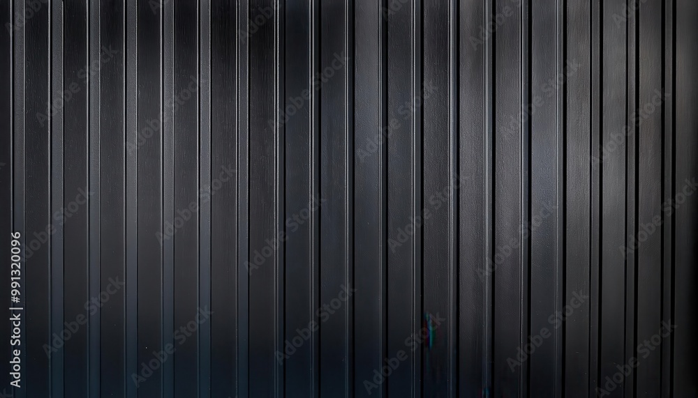 Close-up of Vertical Metal Panels with Black Matte Finish and Textured Surface Featuring Evenly Spaced Grooves Creating a Symmetrical Industrial Aesthetic. Background For Product Mockup Presentation