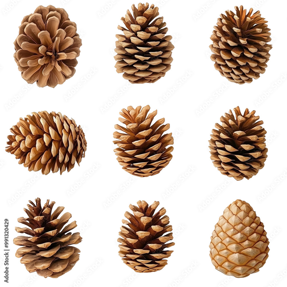 Variety of Pine Cones isolated on white or transparent background, png clipart, design element. Easy to place on any other background. Variety of Pine Cones isolated on white or transparent background, png clipart, design element. Easy to place on any other background.