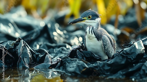 Wildlife Encounter: An image depicting a bird or small animal navigating through the heaps of black plastic bags, illustrating the impact of waste on local wildlife and ecosystems. photo