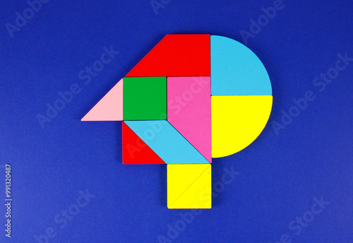 Colorful wooden figures forming a face profile