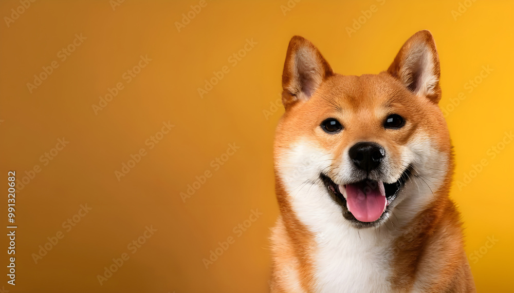 Happy smiling shiba inu dog isolated on yellow orange background with copy space. Red-haired Japanese dog smile portrait