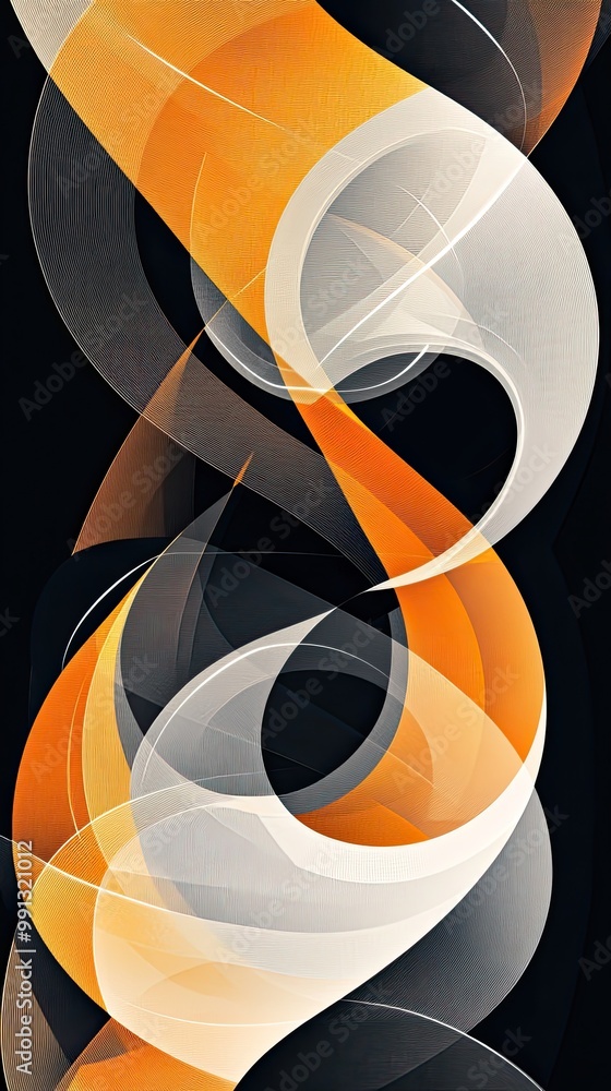 A vibrant abstract swirl design featuring dynamic curves and contrasting colors of orange and white against a black background. A vibrant abstract swirl design featuring dynamic curves and contrasting colors of orange and white against a black background.