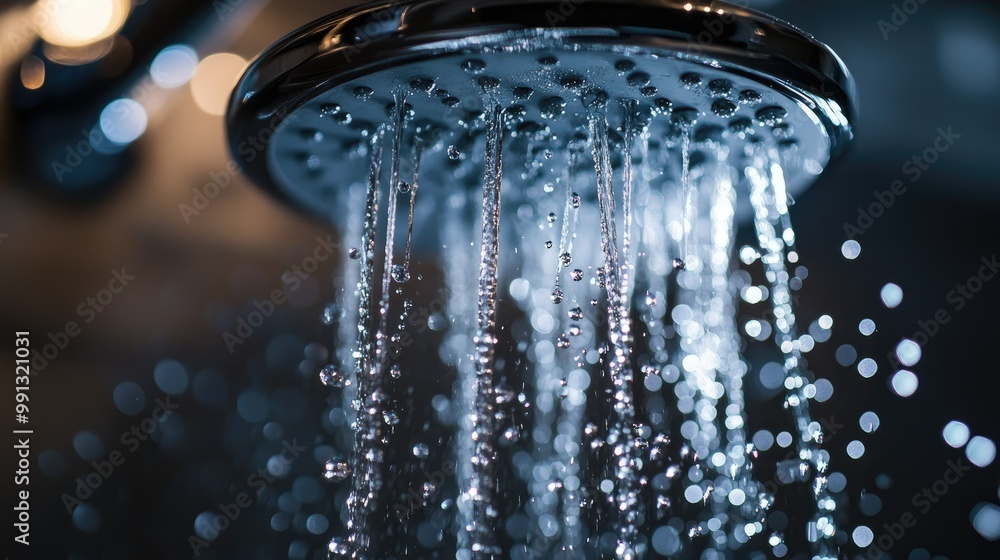 A close-up of water droplets splashing off a stainless steel shower head, with light reflecting off the falling streams. A close-up of water droplets splashing off a stainless steel shower head, with light reflecting off the falling streams.