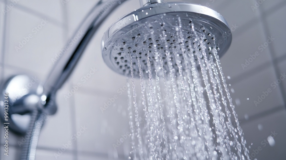 A close-up of water pouring from a modern chrome shower head, with crystal-clear droplets streaming down in a tiled bathroom. A close-up of water pouring from a modern chrome shower head, with crystal-clear droplets streaming down in a tiled bathroom.