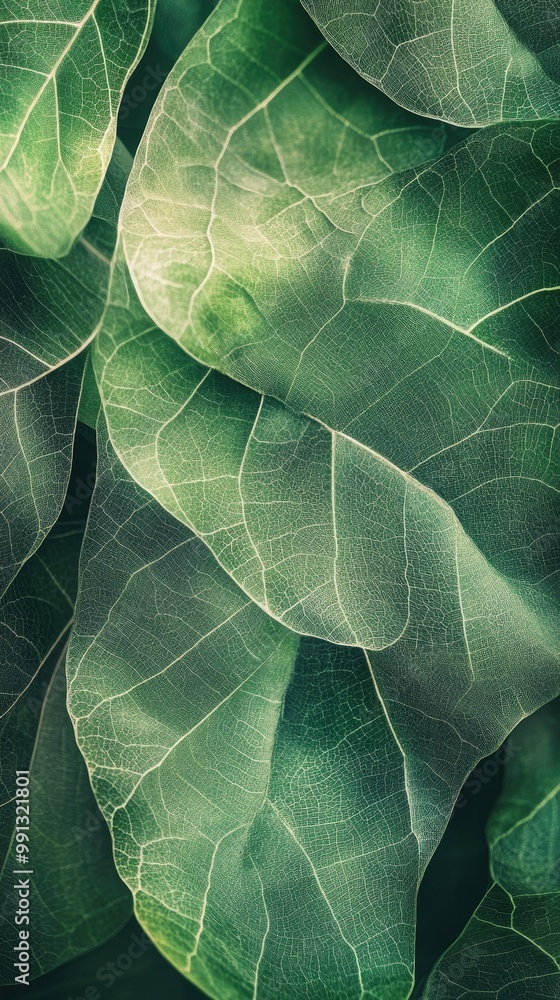 Obraz premium Close-up view of lush green leaves showcasing intricate textures and natural beauty. Perfect for nature-themed projects.