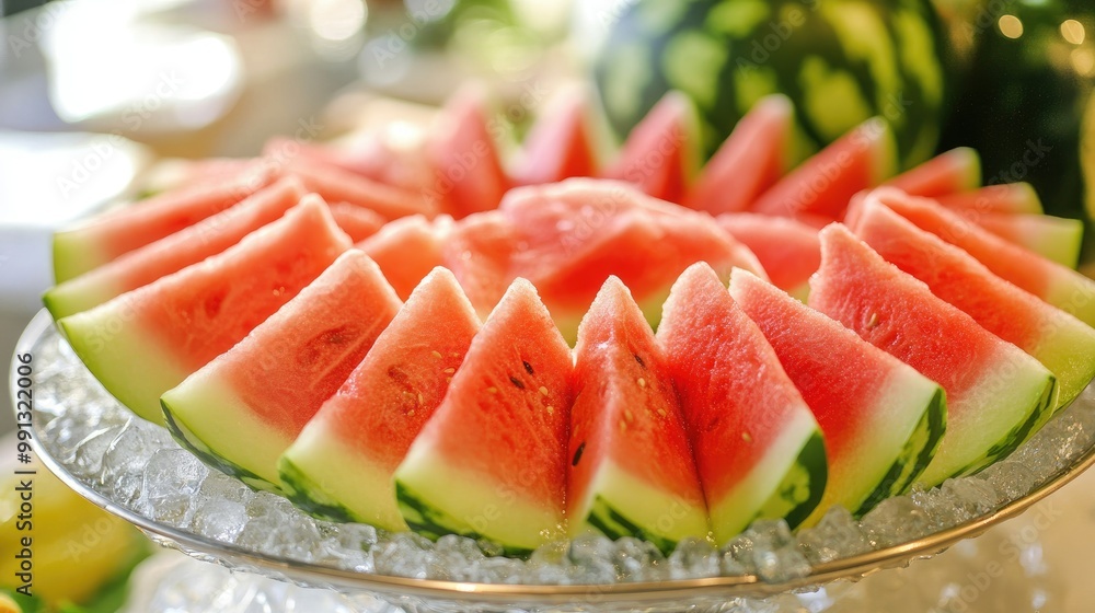 A colorful close-up of sliced watermelon triangles arranged on a large platter, surrounded by ice cubes for a cool, refreshing vibe. A colorful close-up of sliced watermelon triangles arranged on a large platter, surrounded by ice cubes for a cool, refreshing vibe.