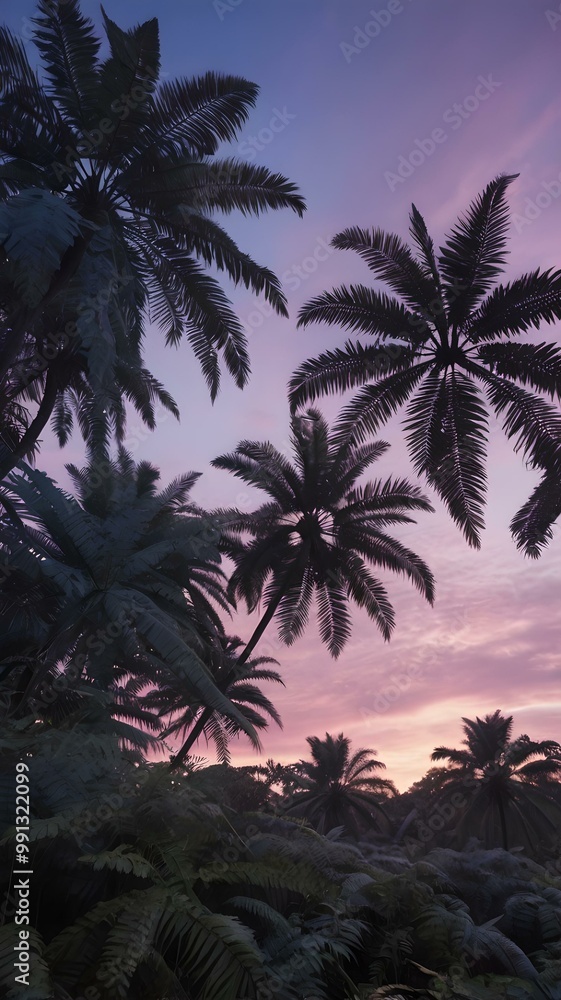 Serene Tropical Sunset with Palm Trees and Lush Ferns Against a Vibrant Purple Sky Serene Tropical Sunset with Palm Trees and Lush Ferns Against a Vibrant Purple Sky