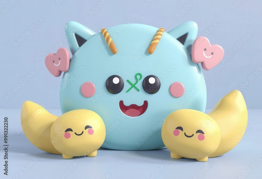 Cute blue, yellow, and pink cartoon characters with hearts and smiles on a light blue background. Cute blue, yellow, and pink cartoon characters with hearts and smiles on a light blue background.