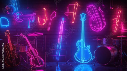 Vibrant neon lights illuminate musical instruments in a lively urban space at night photo