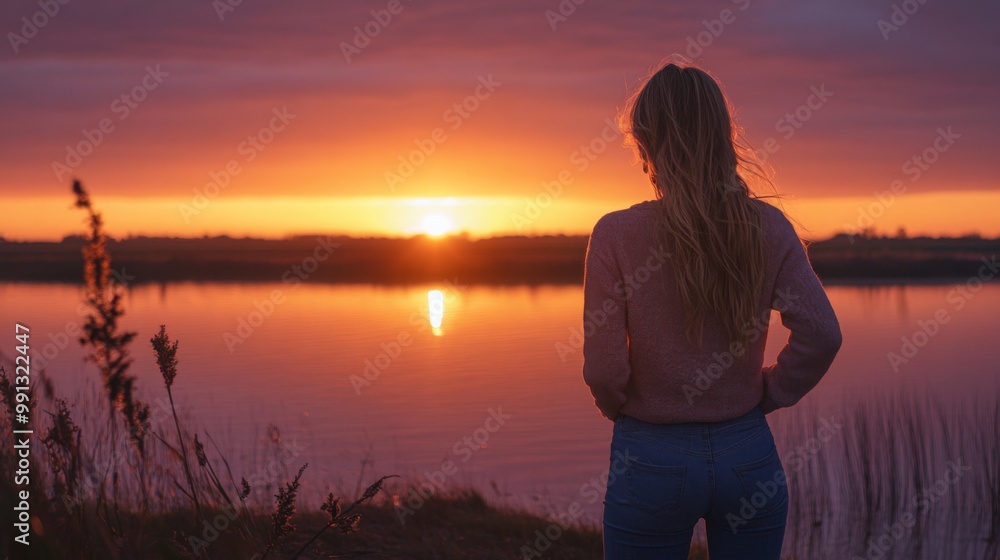 A young European woman stands by the river, gazing at a breathtaking sunset A young European woman stands by the river, gazing at a breathtaking sunset