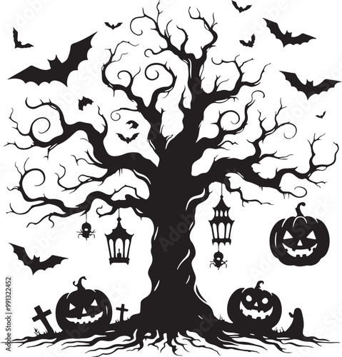 Halloween Night Tree Vector Illustration