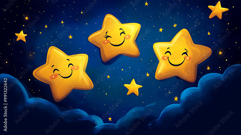 Cartoon stars with smiling faces twinkling in a dark blue sky, adding a whimsical touch Cartoon stars with smiling faces twinkling in a dark blue sky, adding a whimsical touch