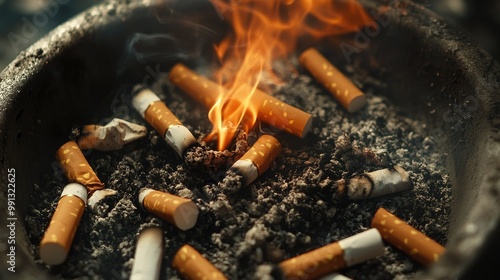 A crowded ashtray full of cigarette butts, with one cigarette still burning on top, ash accumulating around it in a messy yet detailed scene.