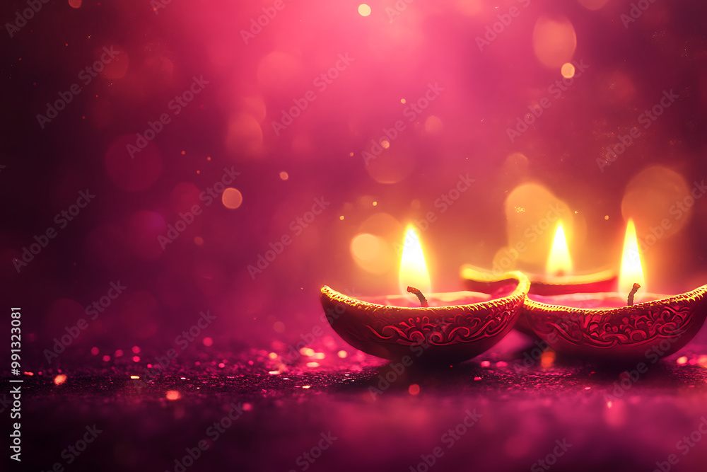 Diwali background with a deep purple and gold colour scheme, featuring Diya flames Diwali background with a deep purple and gold colour scheme, featuring Diya flames