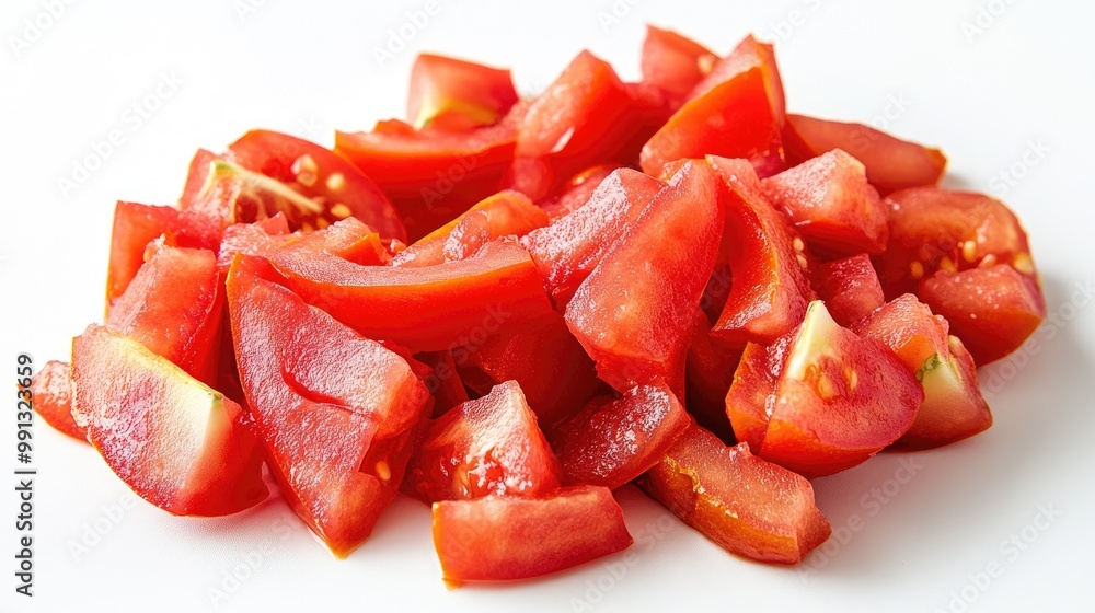 Slices of chopped tomatoes on a white background Slices of chopped tomatoes on a white background