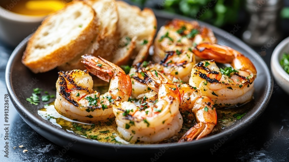 A beautifully arranged dish of grilled shrimp with garlic butter sauce, served with a side of crusty bread on a dark marble countertop. A beautifully arranged dish of grilled shrimp with garlic butter sauce, served with a side of crusty bread on a dark marble countertop.