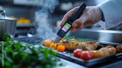 A chef uses a thermometer to check the temperature of cooked chicken with garnishes.