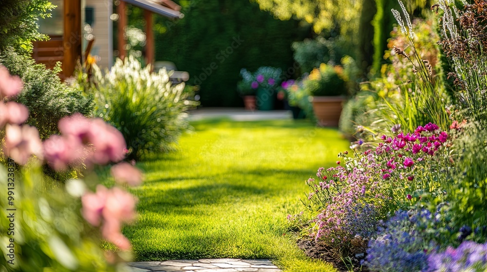 A vibrant garden pathway lined with colorful flowers, leading to a serene outdoor space. A vibrant garden pathway lined with colorful flowers, leading to a serene outdoor space.