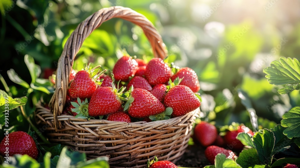 Organic strawberries in a basket on a fruit farm Ripe berries ready for harvest on a berry plantation prepared for export Organic strawberries in a basket on a fruit farm Ripe berries ready for harvest on a berry plantation prepared for export