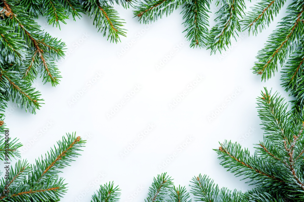 Christmas border made with snowy fir branches on a white background, providing ample copy space Christmas border made with snowy fir branches on a white background, providing ample copy space