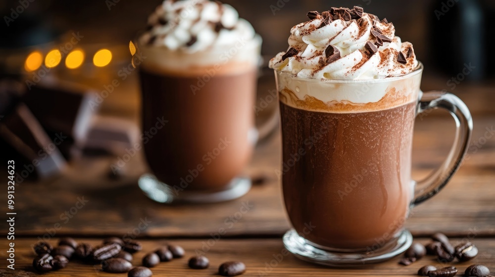 Creamy chocolate beverage with whipped cream featuring a homemade latte and iced cappuccino set on a wooden table Creamy chocolate beverage with whipped cream featuring a homemade latte and iced cappuccino set on a wooden table