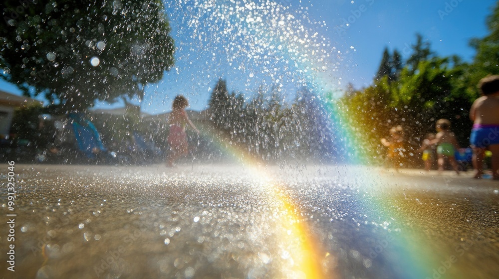 Fototapeta premium A faint rainbow seen in the spray of a garden hose, with kids playing in the background under a sunny afternoon sky.