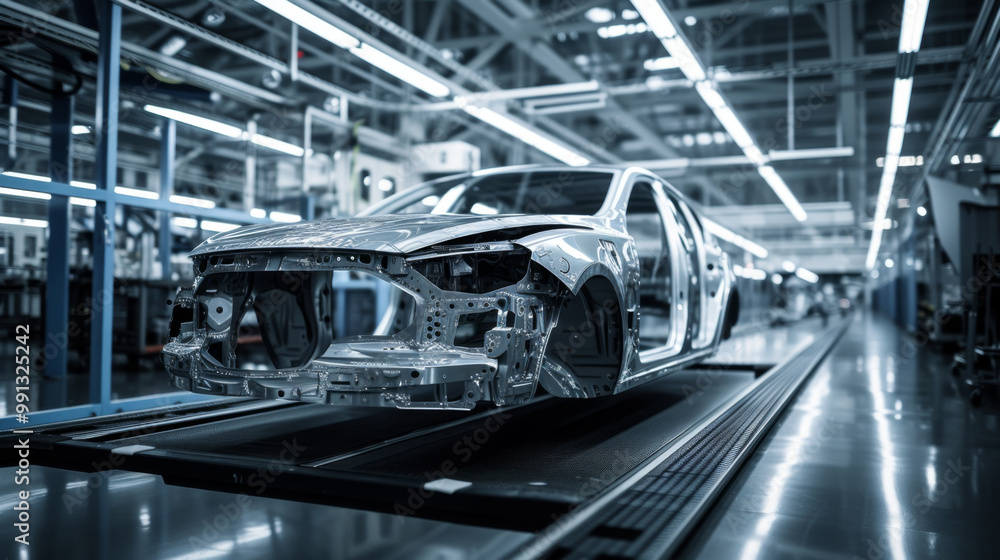 A new car is being built in a factory using a conveyor belt A new car is being built in a factory using a conveyor belt