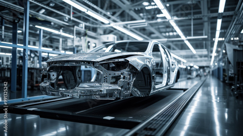 A new car is being built in a factory using a conveyor belt