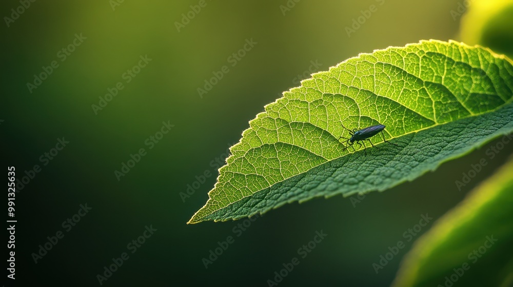 A tiny insect explores the shimmering green leaf in soft morning light in a tranquil garden setting A tiny insect explores the shimmering green leaf in soft morning light in a tranquil garden setting