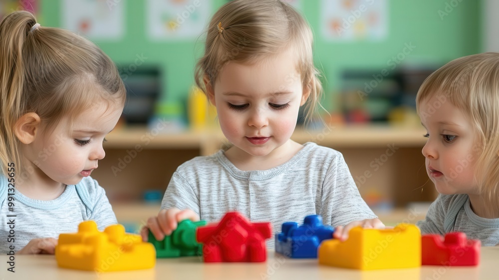 Caregiver teaching toddlers how to share toys in a daycare playroom   social skills, daycare learning