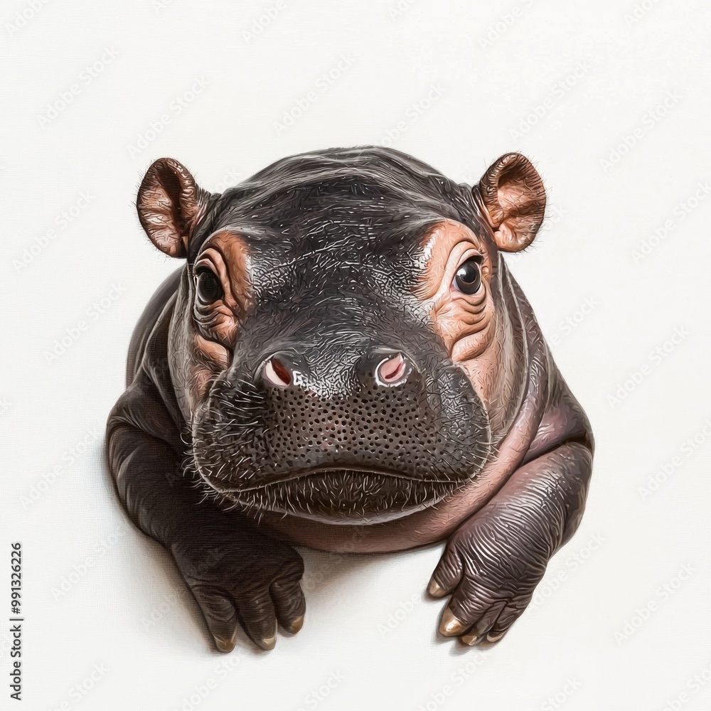 baby pygmy hippo portrait on white background, peeking baby pygmy hippo portrait on white background, peeking