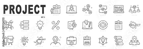 Set of project management related line icons. Report, plan, startup, gear, lightbulb etc. Editable stroke