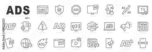 Advertisement line icons. Ads, marketing, promotion, email, click etc. Editable stroke.