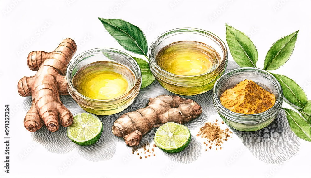 Ginger root, lime, turmeric, and oils in a watercolor painting Ginger root, lime, turmeric, and oils in a watercolor painting