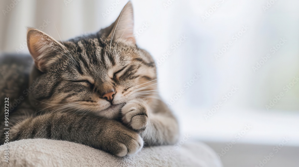 Cat grooming itself while lying on a soft pillow in the living room cat at home, self-care Cat grooming itself while lying on a soft pillow in the living room cat at home, self-care