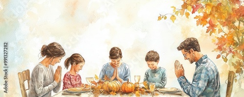 A serene watercolor of a family giving thanks around a table, heads bowed in prayer, soft fall colors reflecting gratitude and warmth, Ultra HD, copy space for text
