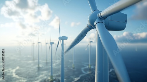 A close-up view of offshore wind turbines generating renewable energy in a serene ocean setting.