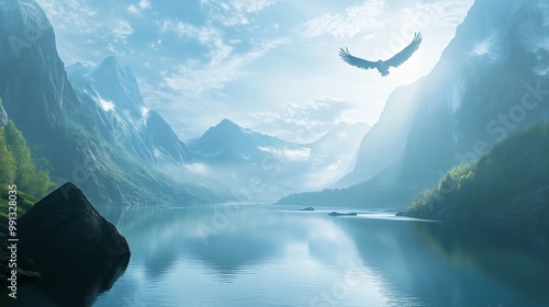 A serene landscape featuring a tranquil lake, majestic mountains, and a soaring bird under a cloudy blue sky. photo