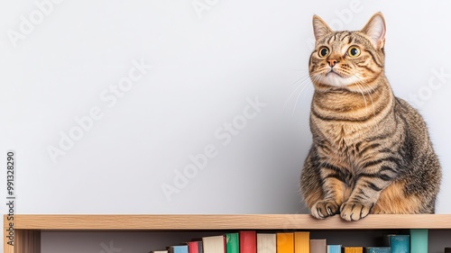 Cat perched on top of a bookshelf, watching the room below with curiosity   cat at home, high perch photo