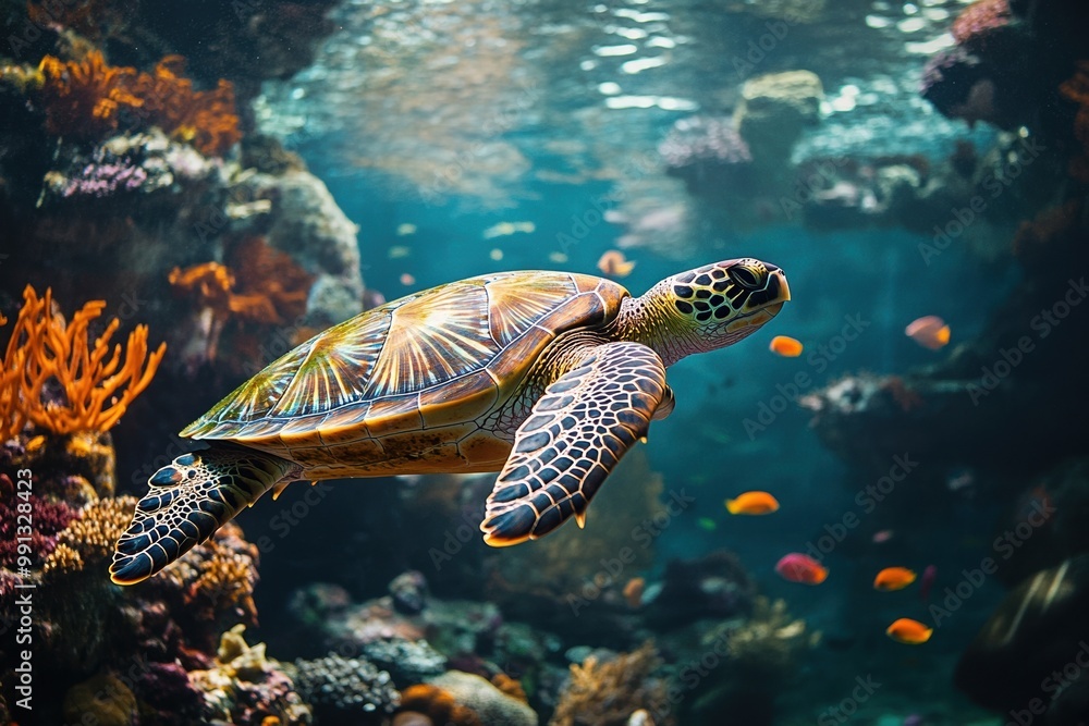 Obraz premium A sea turtle swimming gracefully through a vibrant coral reef, surrounded by colorful fish and illuminated by soft underwater light