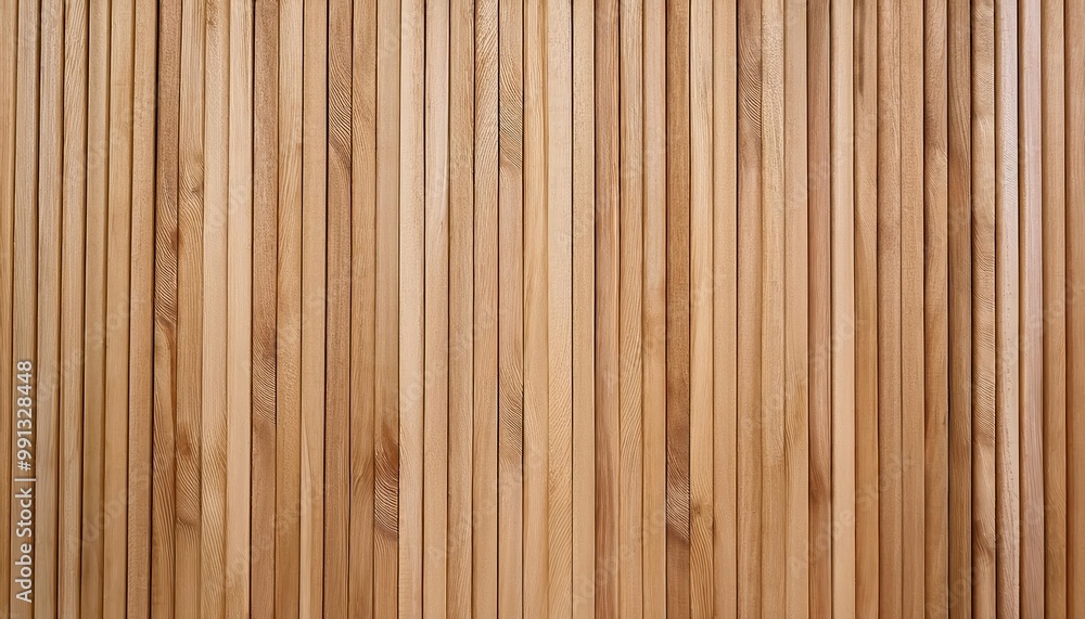 Fototapeta premium Close-Up of Vertical Wooden Planks Displaying Natural Grain Patterns and Knots in a Warm, Light Toned Timber Texture for Rustic Architectural Design or Construction Material Background
