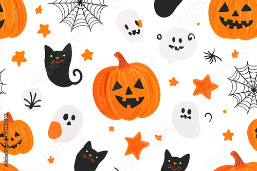 Hand-drawn cute Halloween Instagram Stories or phone wallpaper, vector illustration with a playful and whimsical style, featuring cute ghosts, pumpkins, black cats, witch hats, spider webs, stars, and