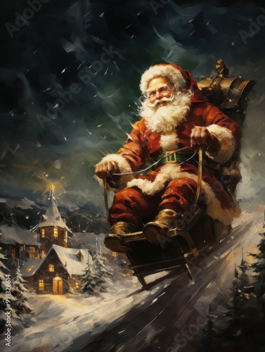 Santa Claus riding a sleigh in a snowy night with a village background.