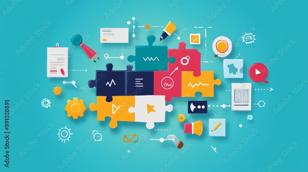 Puzzle pieces of marketing strategies connecting smoothly visualizing how each element contributes to the overall business success Puzzle pieces of marketing strategies connecting smoothly visualizing how each element contributes to the overall business success