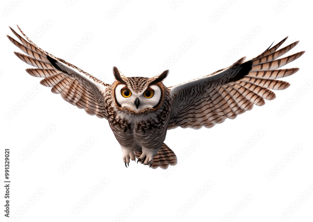 Majestic owl gliding through the air, wings widely spread, showcasing intricate feather patterns and striking yellow eyes, embodying grace and power in flight. Majestic owl gliding through the air, wings widely spread, showcasing intricate feather patterns and striking yellow eyes, embodying grace and power in flight.