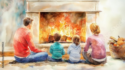 Family gathered around a fireplace, telling stories and reflecting on Thanksgiving memories, the glow of the fire painted in warm watercolor tones, Ultra HD, copy space for text