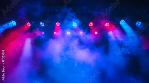 Stage bathed in blue and purple lights with red smoke under a central spotlight, creating a contrast