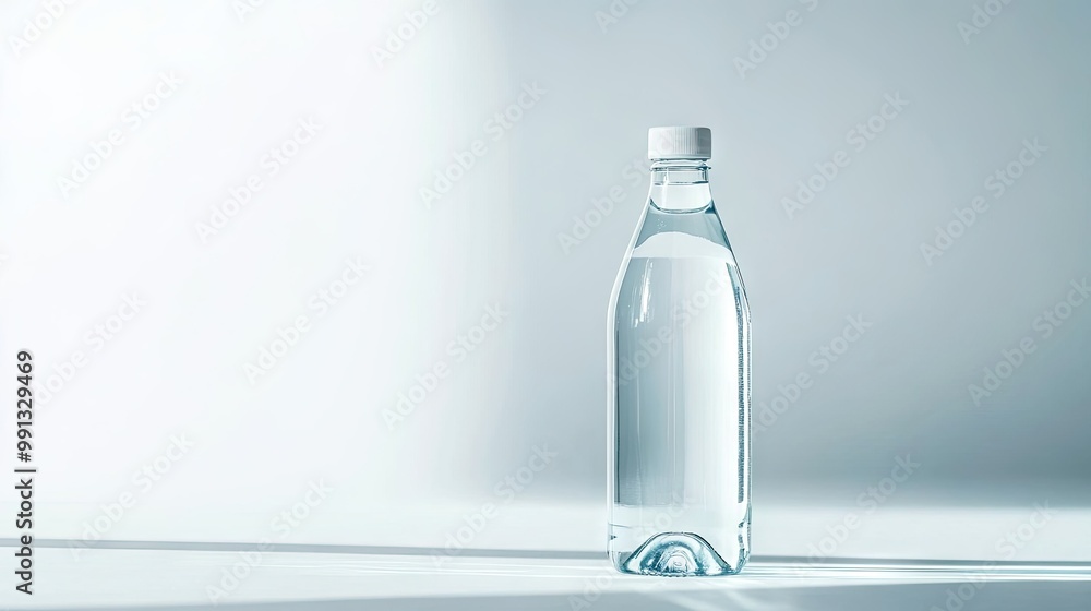 A bottle of mineral water with a clean label on a white background, with ample space for text. A bottle of mineral water with a clean label on a white background, with ample space for text.