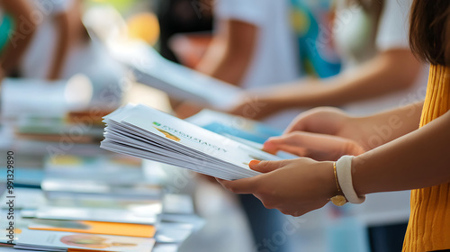 Close-up of health and wellness books and brochures being distributed at a World Health Day event
